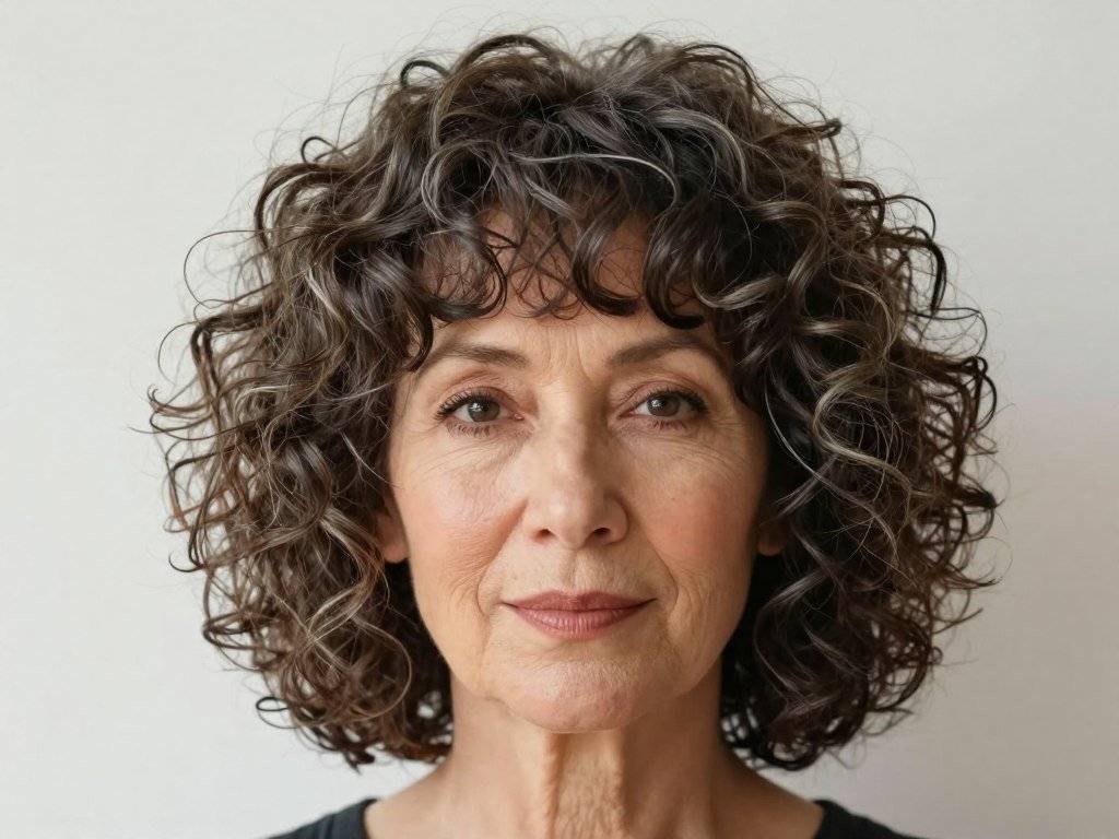 Curly bob with curtain bangs parted in middle