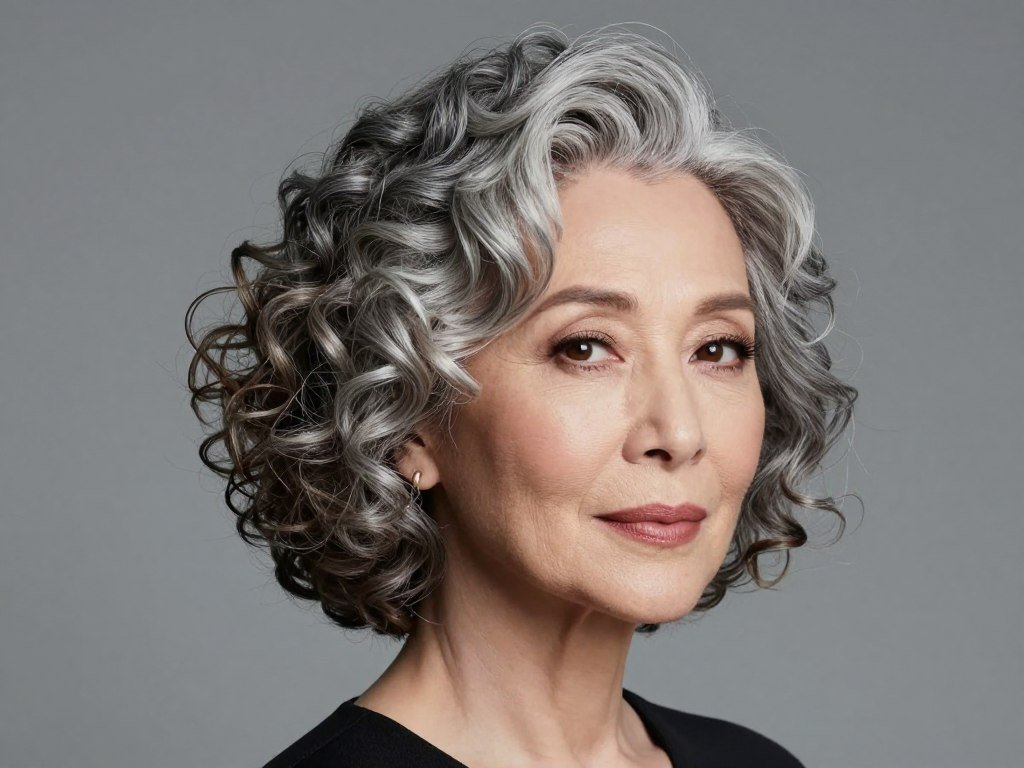 Curly bob with dramatic deep side part