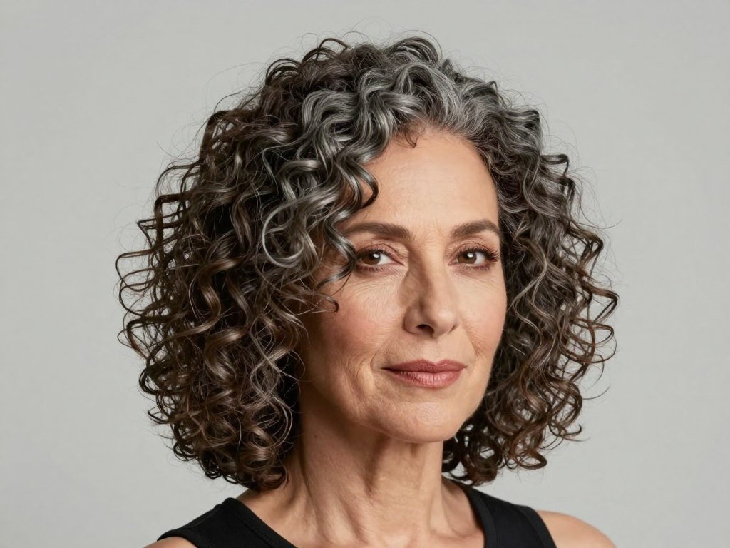 Curly lob hairstyle just above shoulders