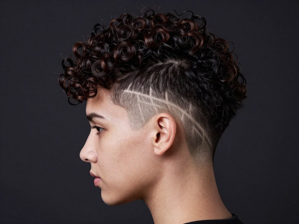 Curly pixie cut featuring creative undercut design on side