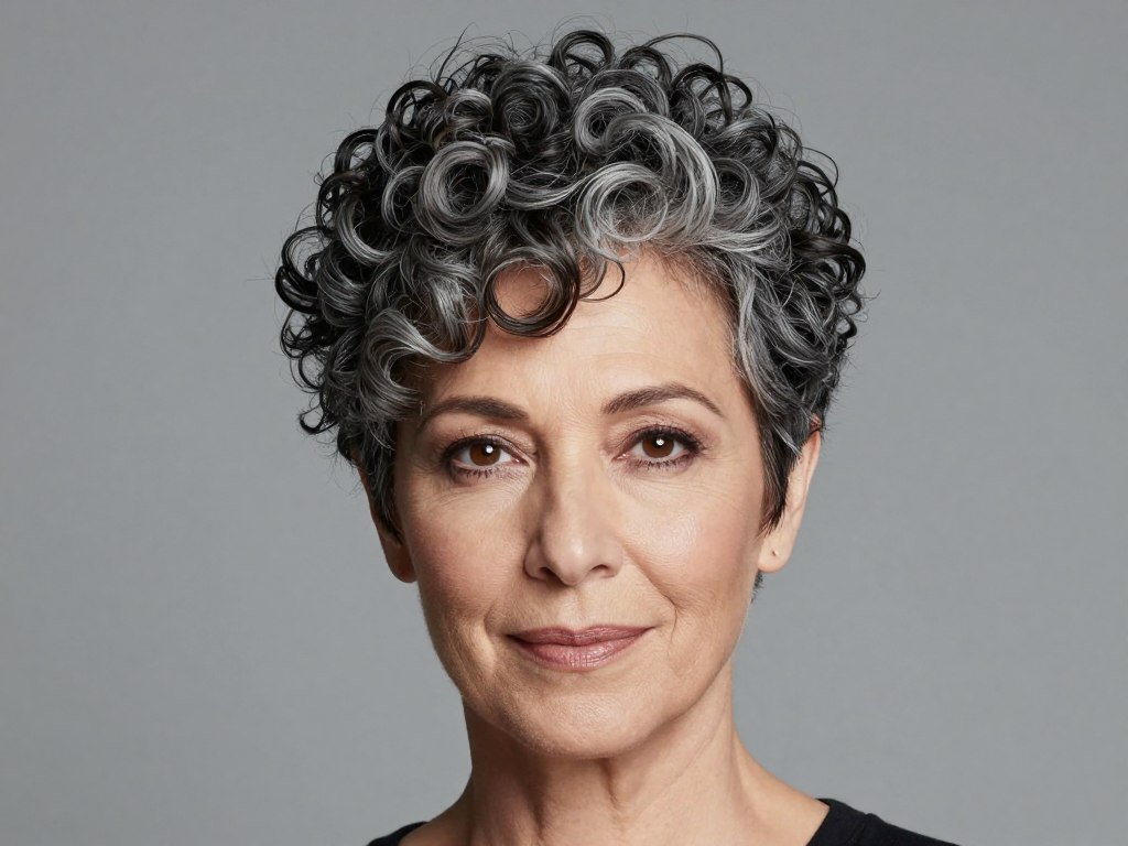 Curly pixie cut on mature woman with longer textured top and shorter sides