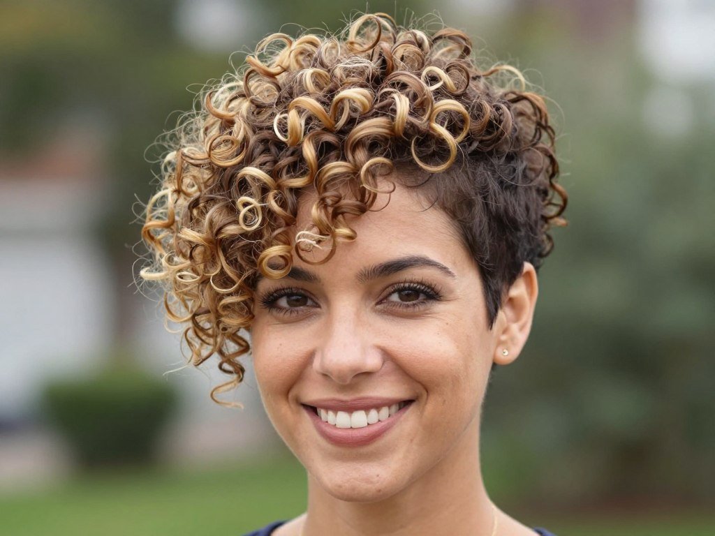 Curly pixie cut with voluminous longer crown section
