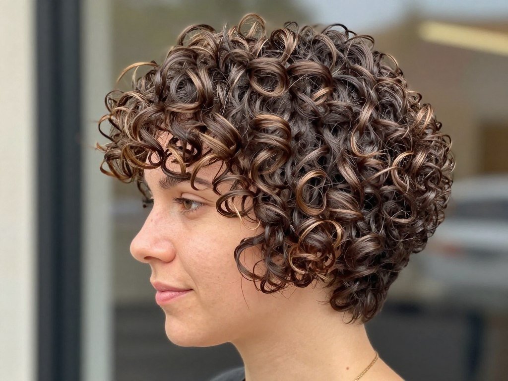 Curly pixie enhanced with natural-looking highlights