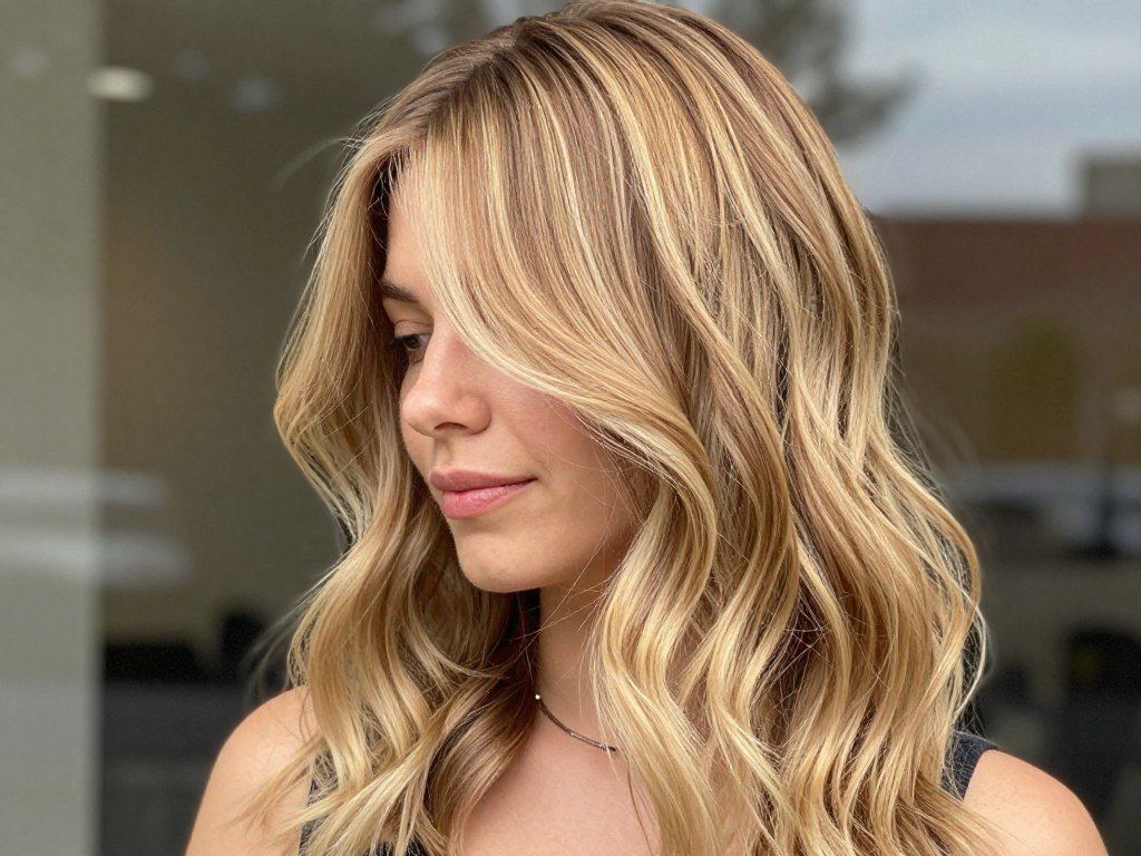 Curtain bangs on medium length hair with blonde balayage highlights