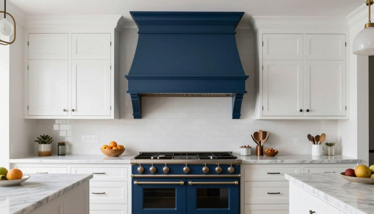 Custom blue painted range hood as kitchen focal point Custom blue painted range hood as kitchen focal point