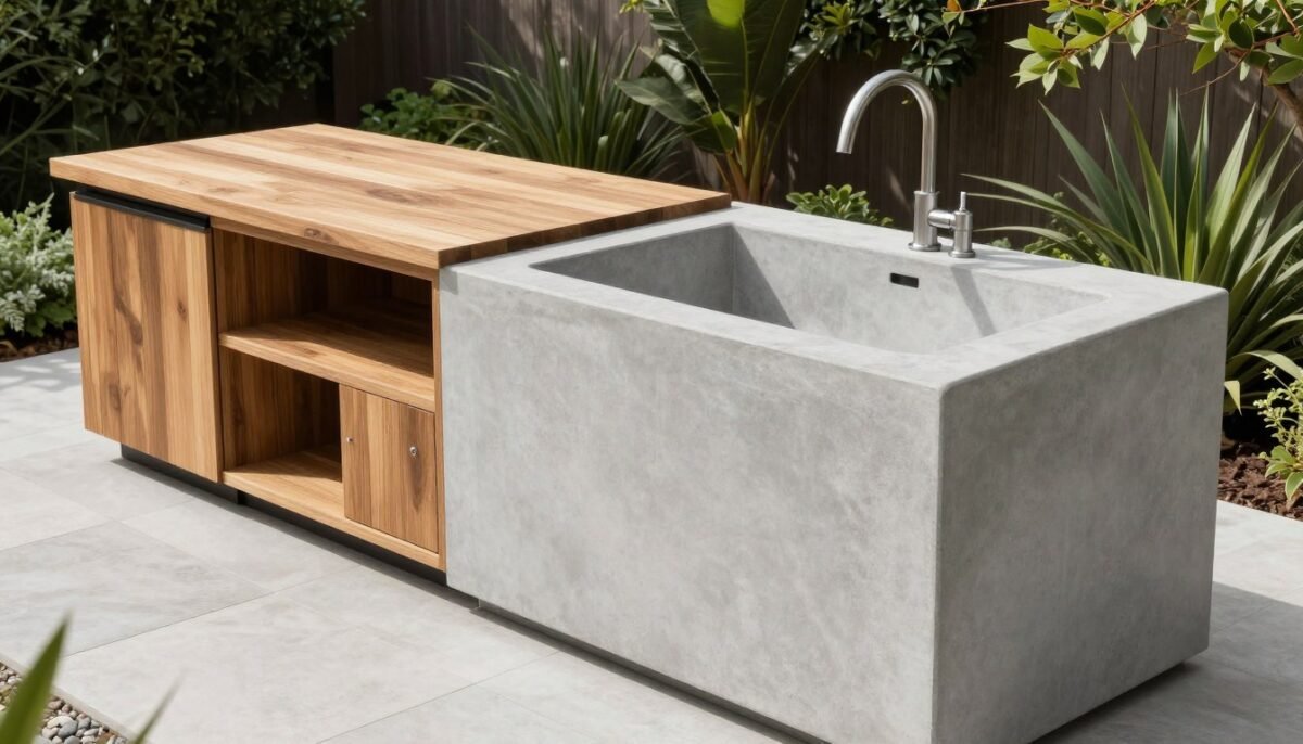 Custom concrete sink in permanent mud kitchen structure