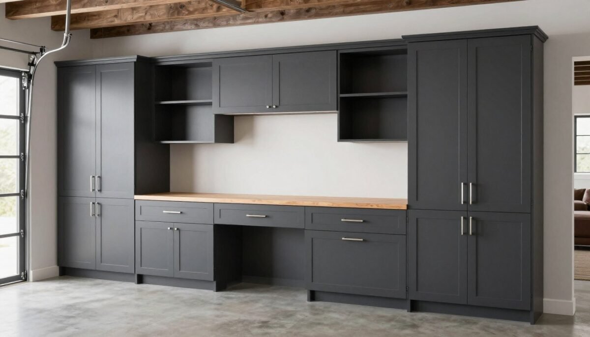 Custom garage cabinet system with workbench and organized storage