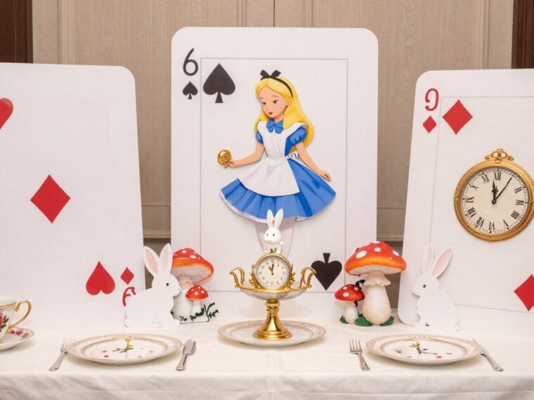 DIY Alice in Wonderland decorations display with tea cups, playing cards, and whimsical centerpieces