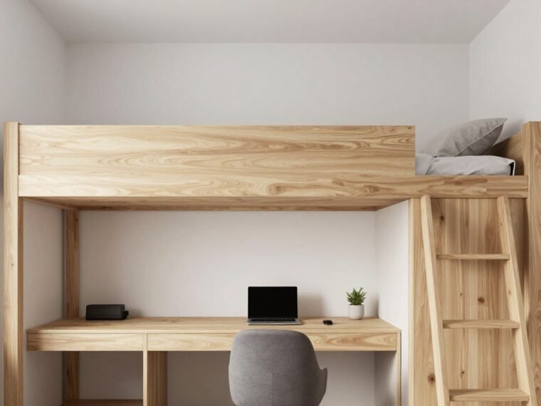 DIY bed loft ideas showcasing modern elevated bed frame in small bedroom with workspace underneath