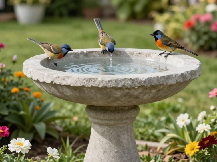 DIY concrete bird bath in a garden surrounded by flowers and birds