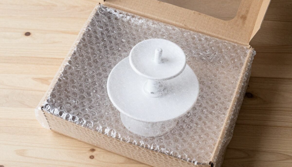DIY cupcake stand being carefully transported in a box with protective wrapping