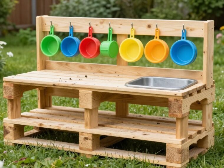 DIY outdoor mud kitchen with wooden pallets and colorful pots for kids outdoor play