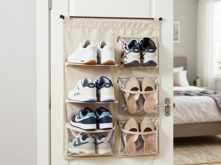 DIY over-the-door shoe organizer made from fabric pockets hanging on closet door