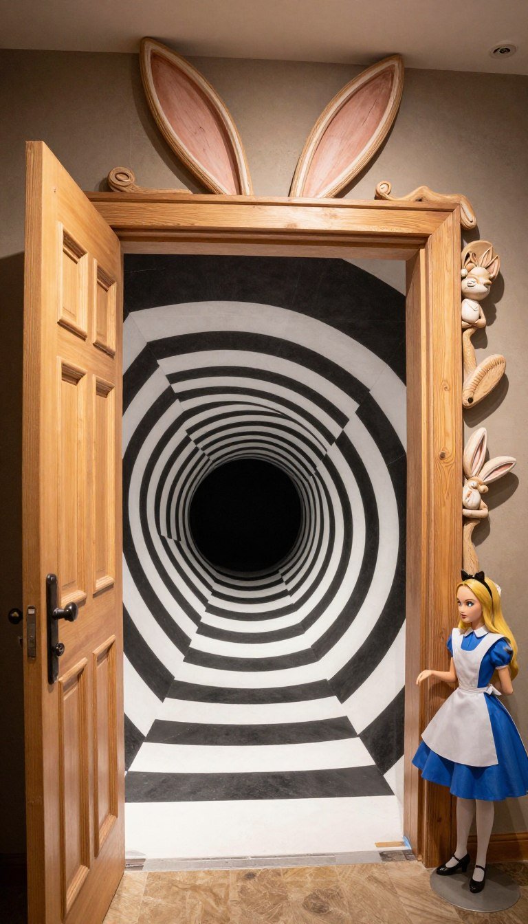 DIY rabbit hole entrance decoration for doorway with black and white stripes