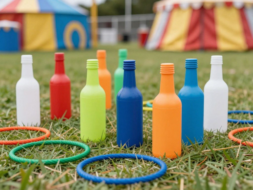 DIY ring toss game with plastic bottles and homemade rope rings