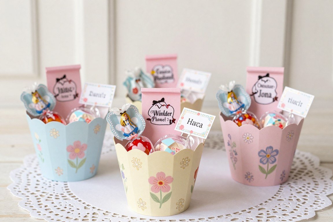 DIY teacup favor boxes filled with treats for party guests