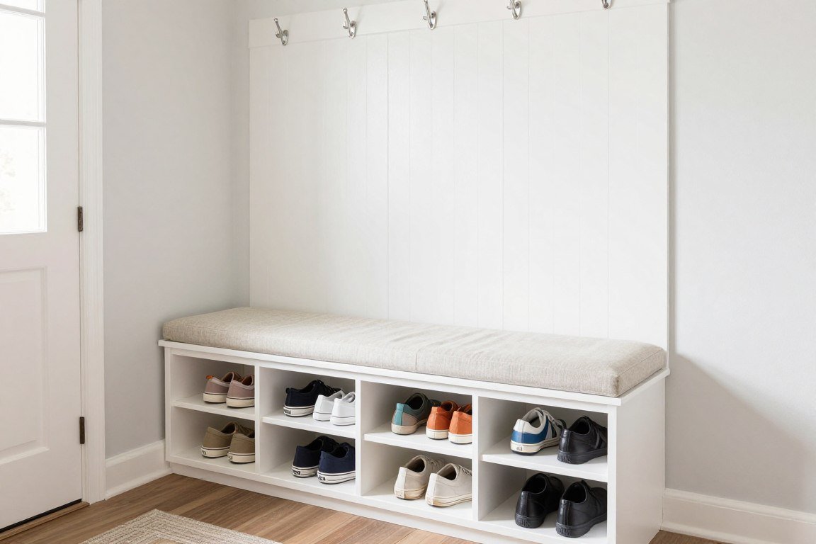 DIY wooden storage bench with shoe cubbies underneath in bright entryway