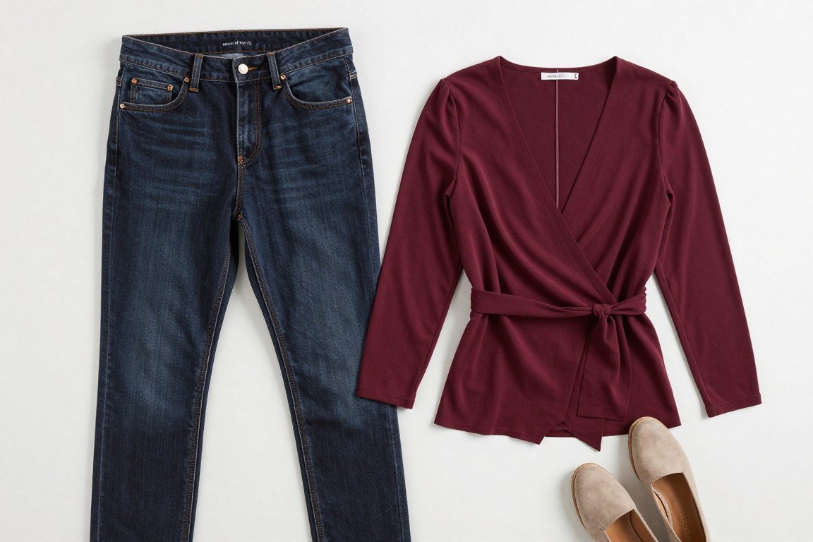 Dark jeans and wrap top casual outfit