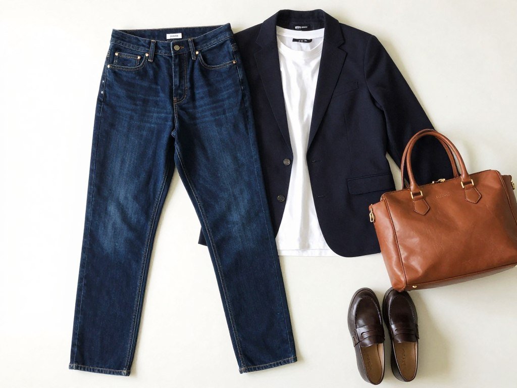 Dark jeans with navy blazer and white tee outfit