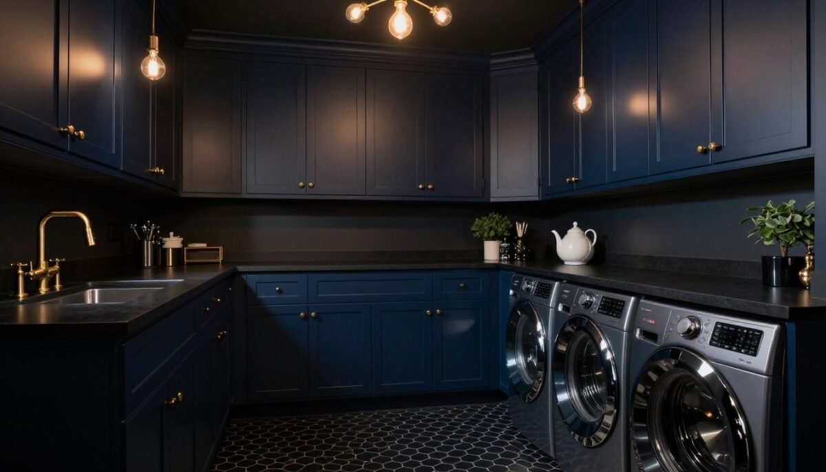 Dark moody laundry room with navy cabinets and brass hardware Dark moody laundry room with navy cabinets and brass hardware