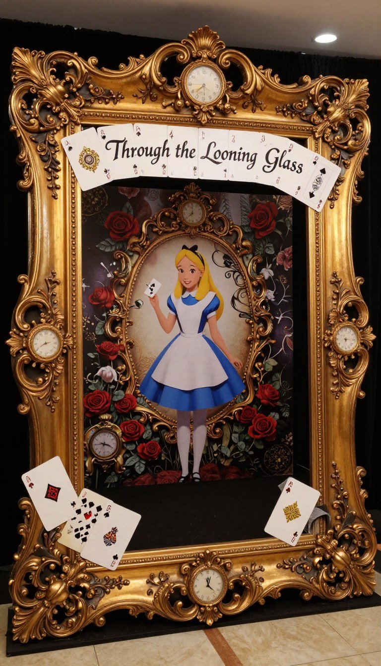 Decorated mirror frame with Alice in Wonderland elements as party decoration