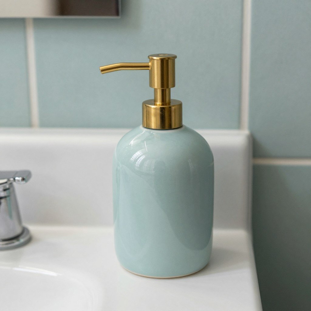 Decorative soap dispenser matching wallpaper color scheme