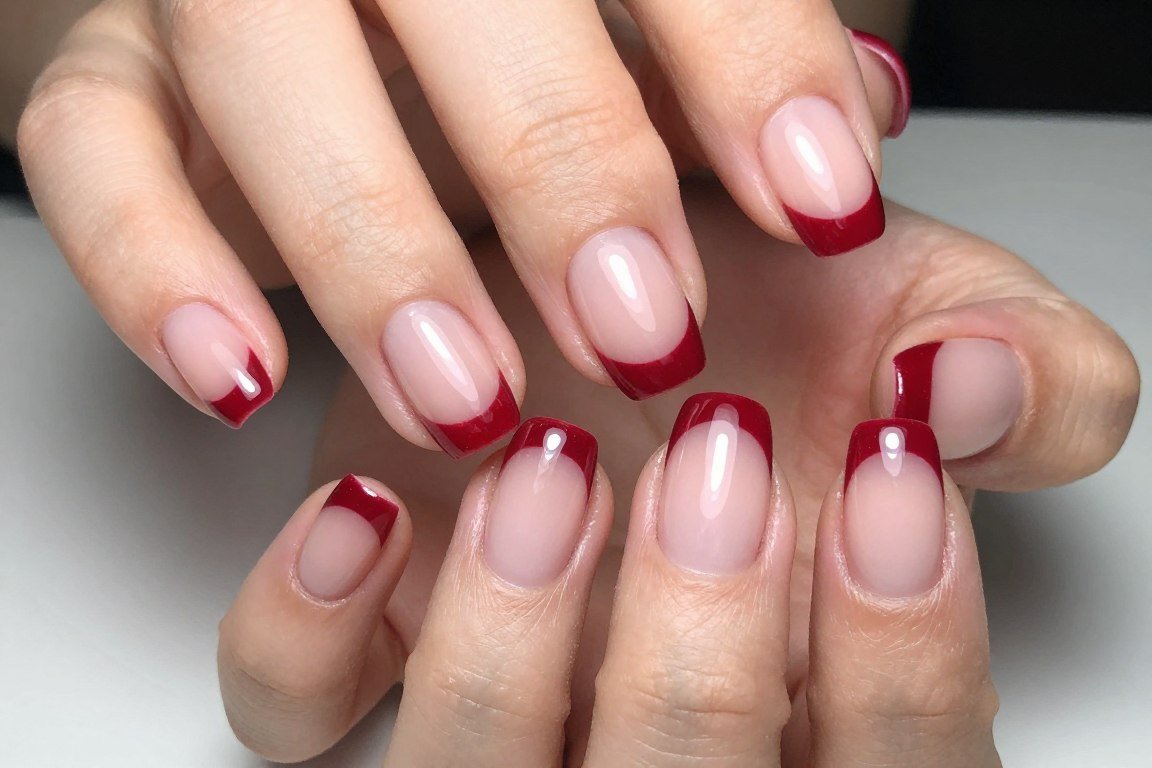 Deep red French tips on square nails with classic elegant finish