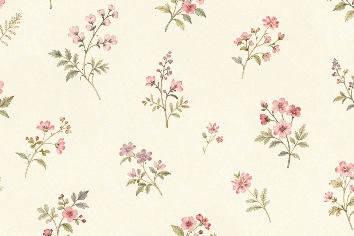 Delicate floral sprig wallpaper in soft pink and white