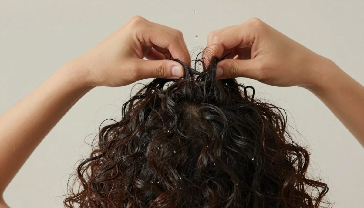 Demonstration of scrunching technique for curly hair volume