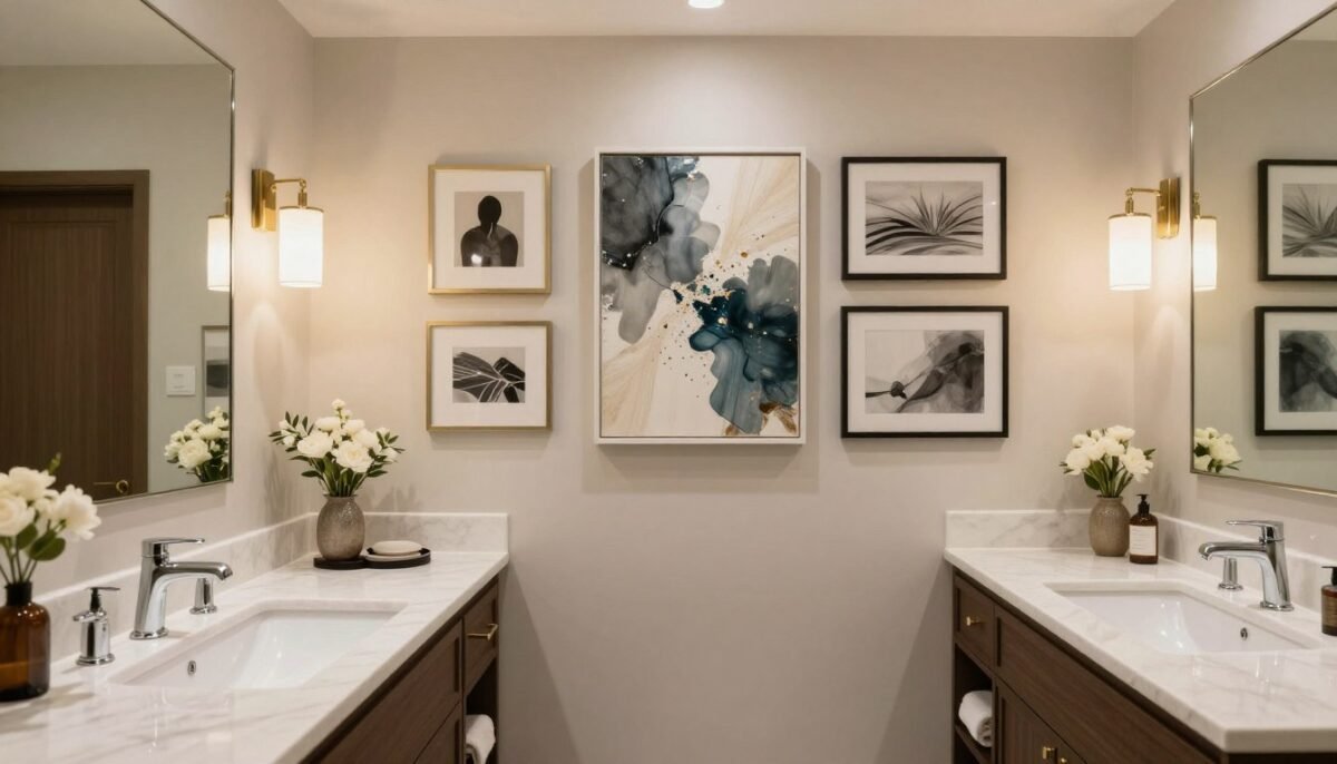 Designer bathroom showcasing professional art selection