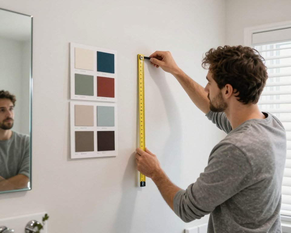 Designer creating bathroom wall art layout