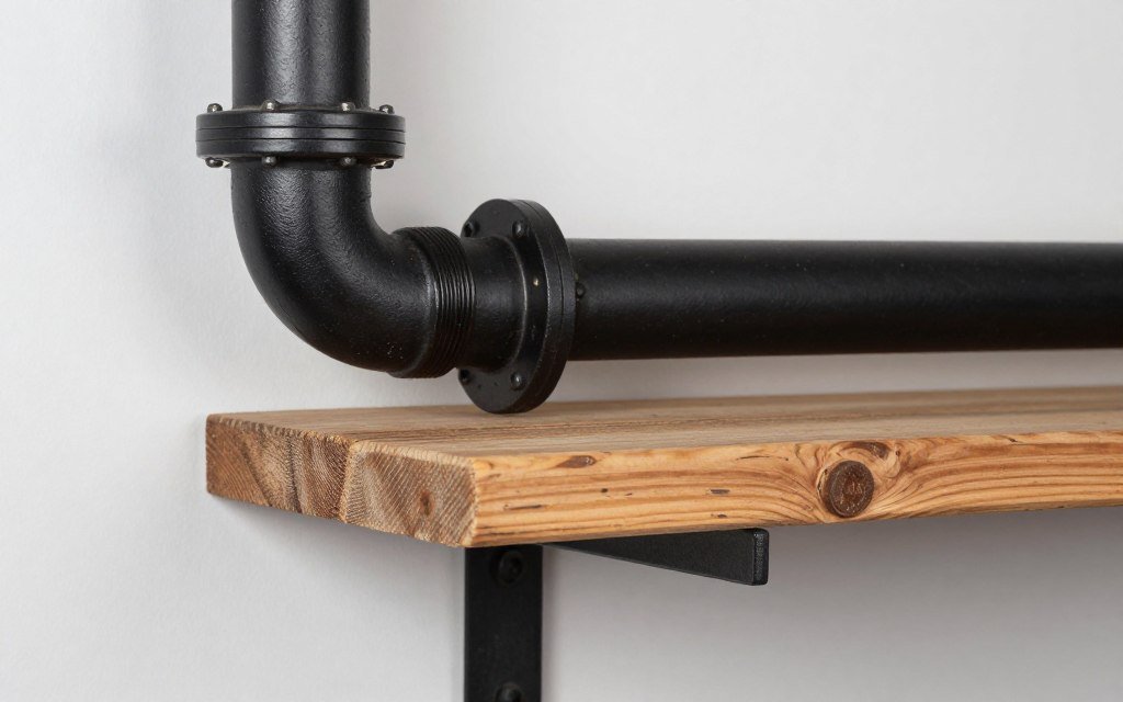 Detail of industrial pipe shelf connection with wood plank