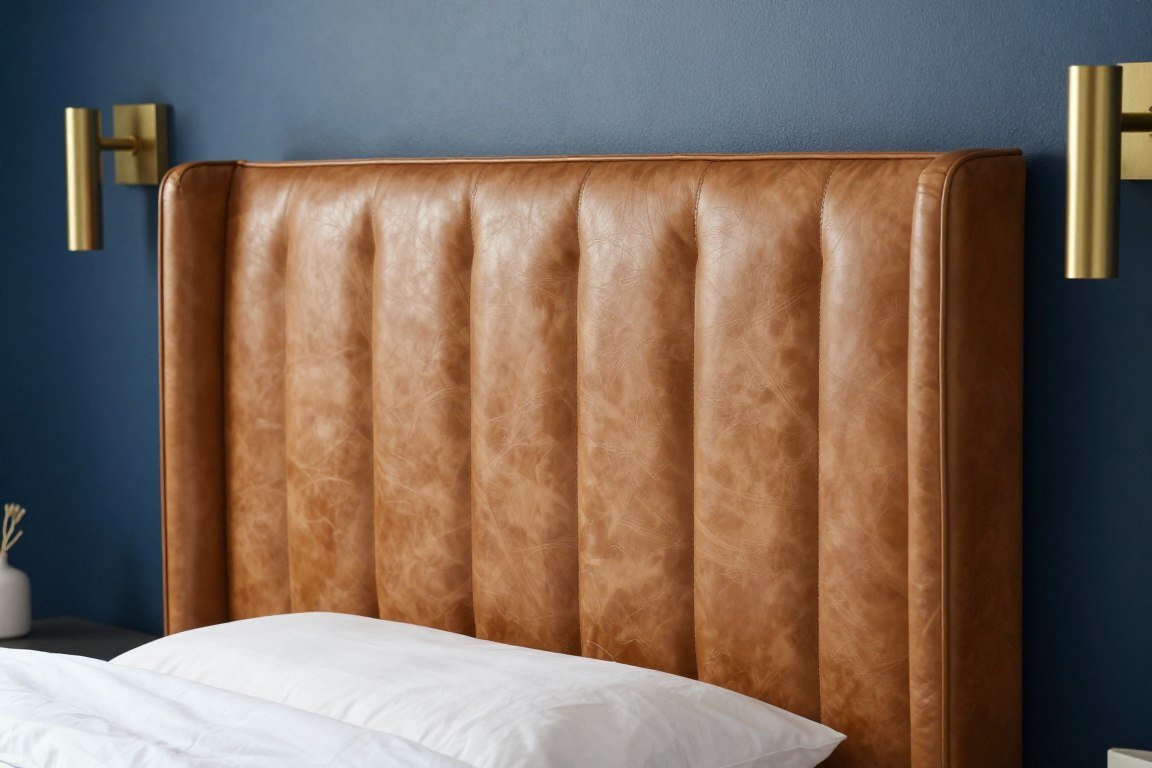 Detail of leather headboard against navy wall with brass sconces
