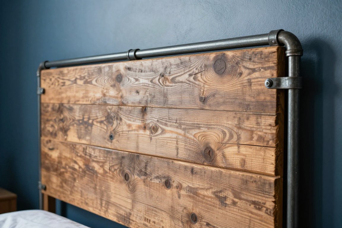 Detail of reclaimed wood headboard with metal hardware