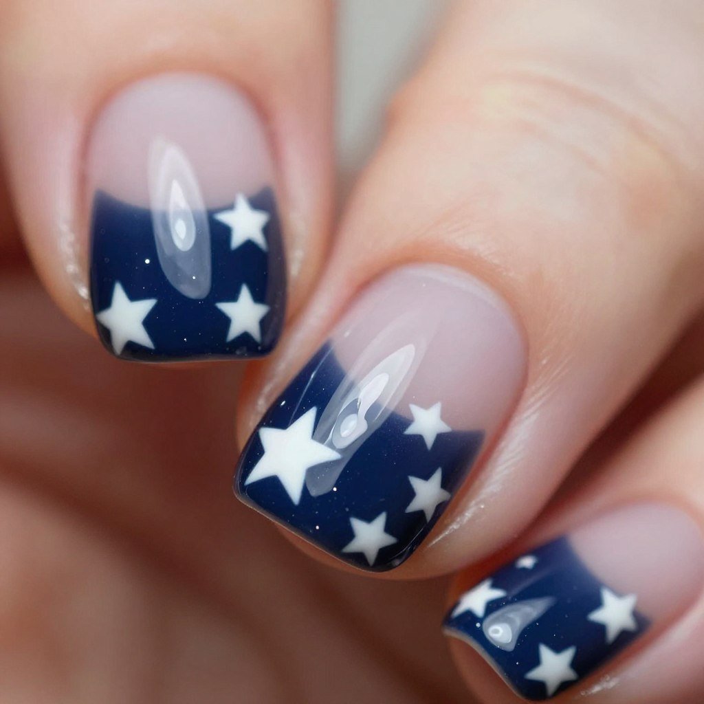 Detail shot of star pattern on reverse French July nails design