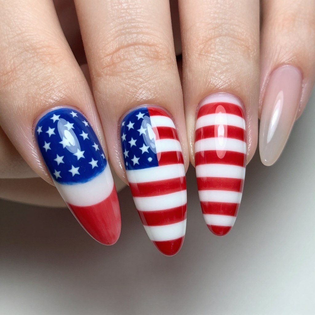 Detailed American flag painted on long nail with proper proportions