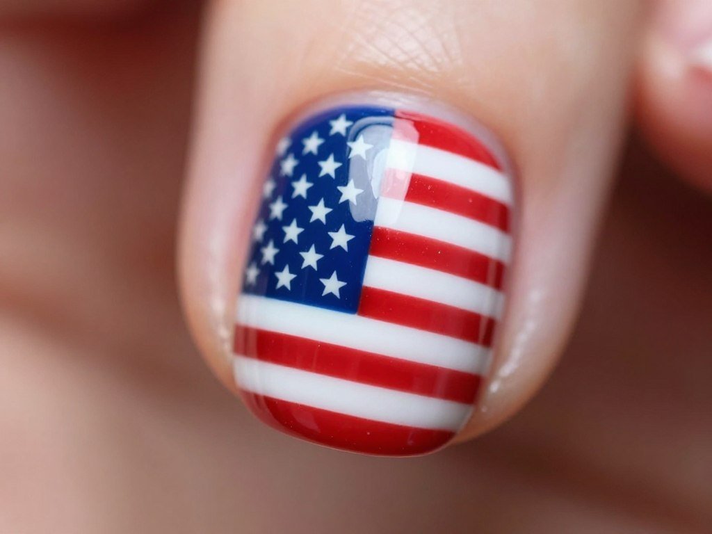 Detailed miniature American flag painted on nail with accurate proportions