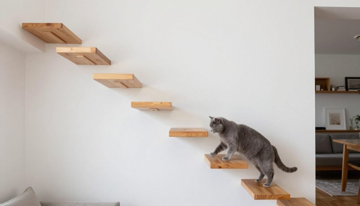 Diagonal arrangement of wall-mounted cat steps ascending living room wall Diagonal arrangement of wall-mounted cat steps ascending living room wall