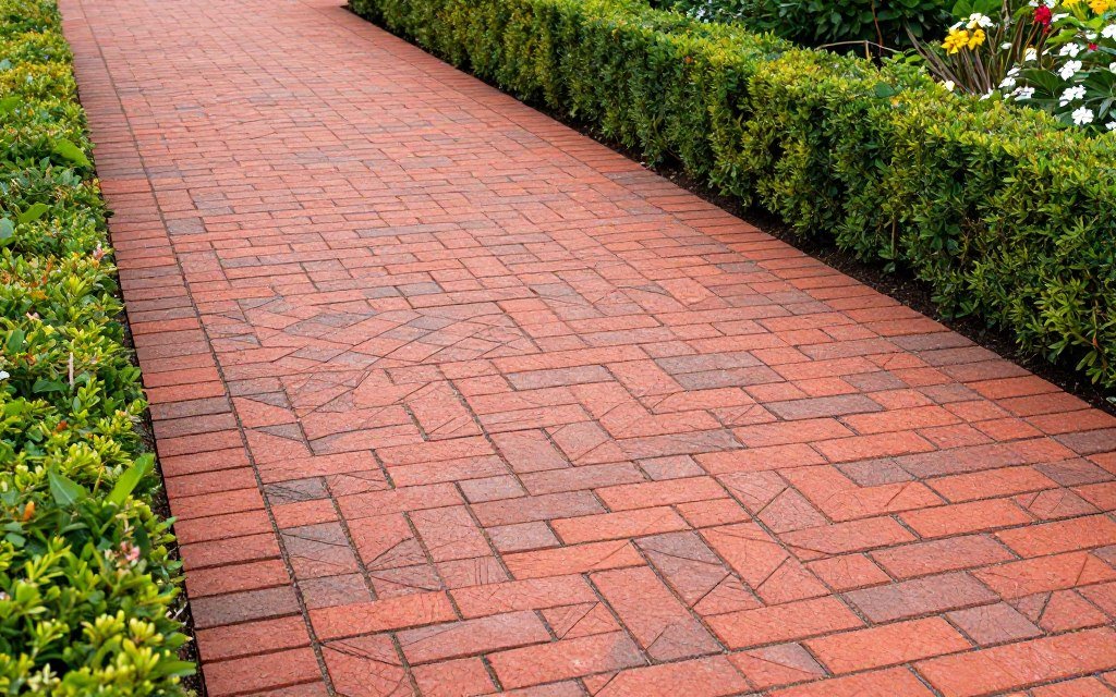 Diagonal brick pattern garden walkway
