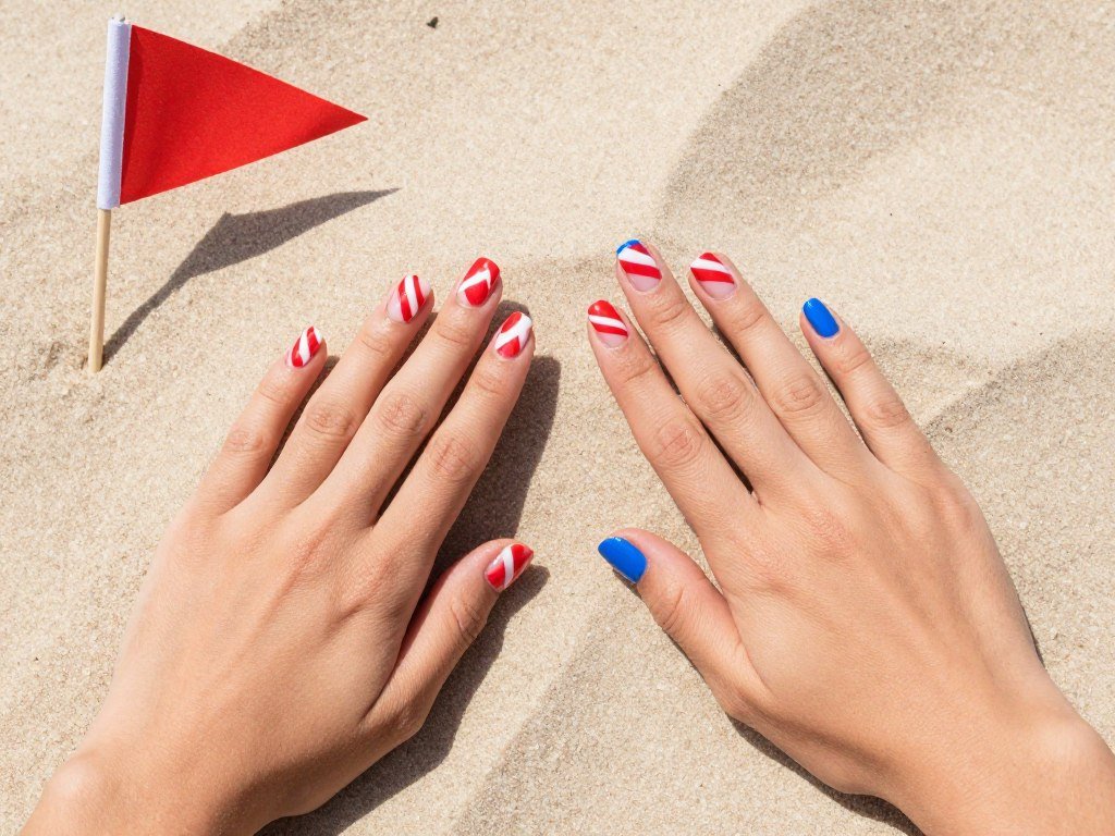 Diagonal stripe gel nail designs in patriotic colors perfect for 4th of July manicure