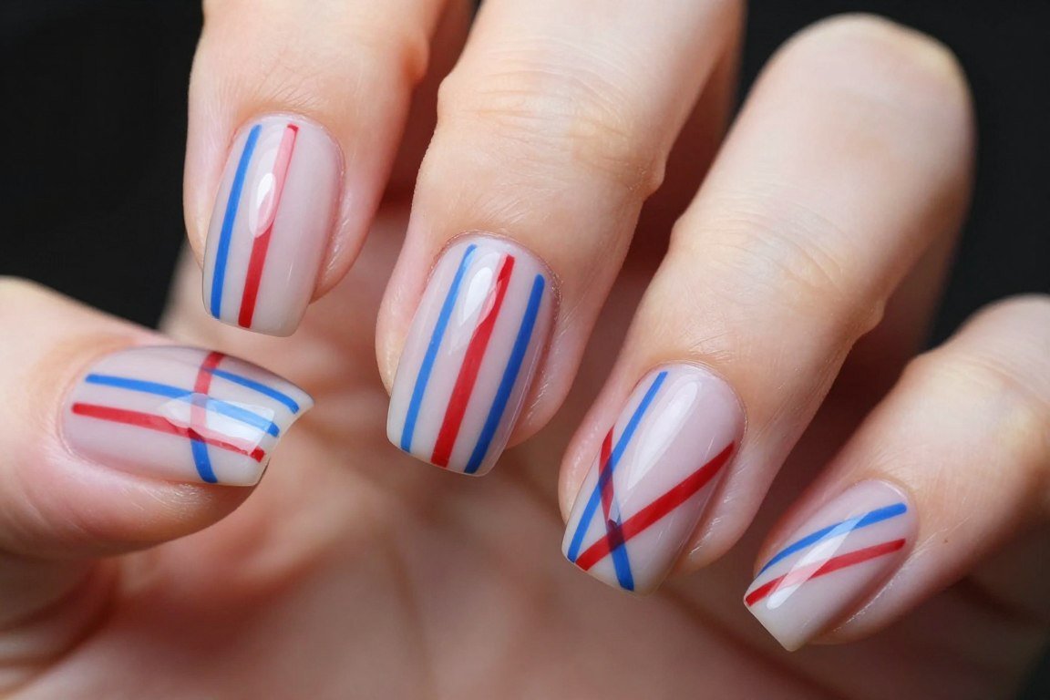 Diagonal striped nail art with red and blue lines on white base for Independence Day