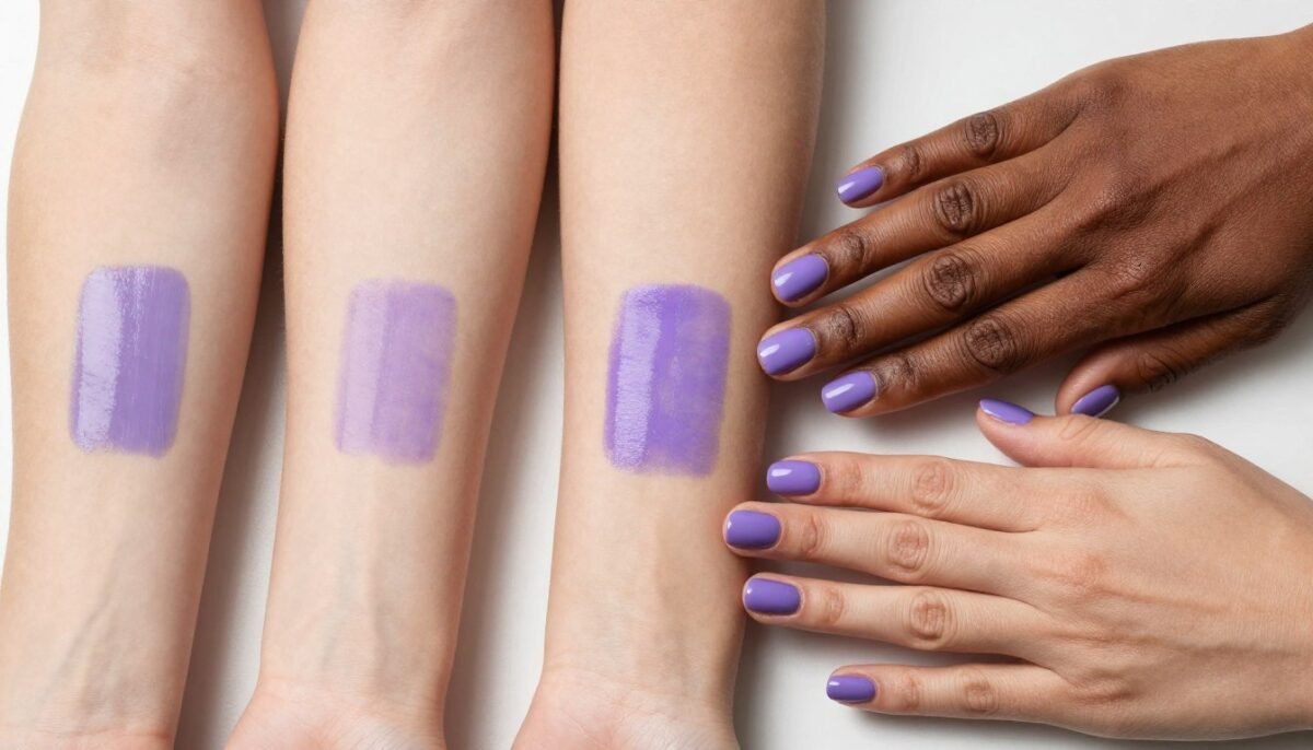 Different purple nail polish shades on various skin tones