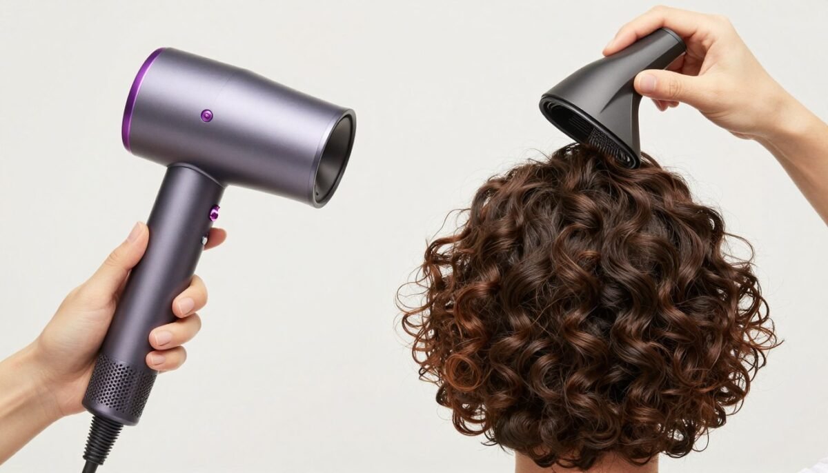 Diffuser attachment being used on short curly hair