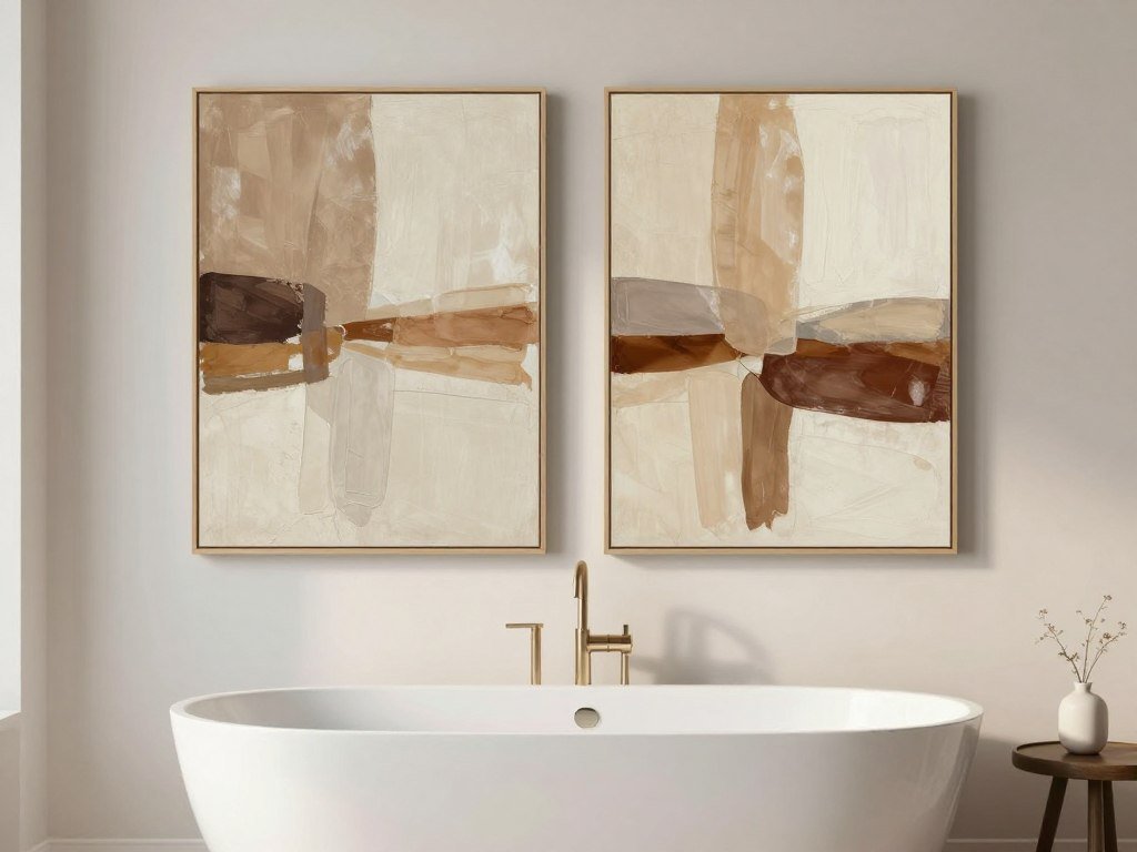 Diptych abstract canvas prints above freestanding tub