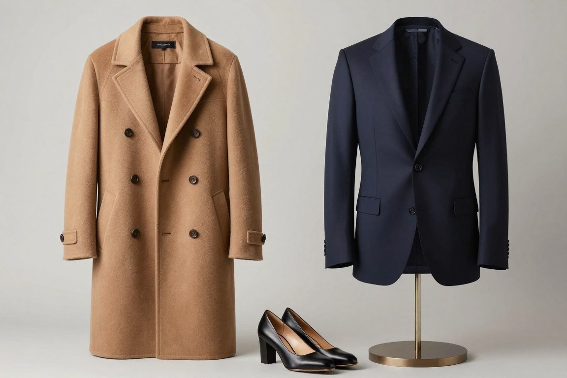 Display of investment wardrobe pieces - quality coat, blazer, and leather shoes