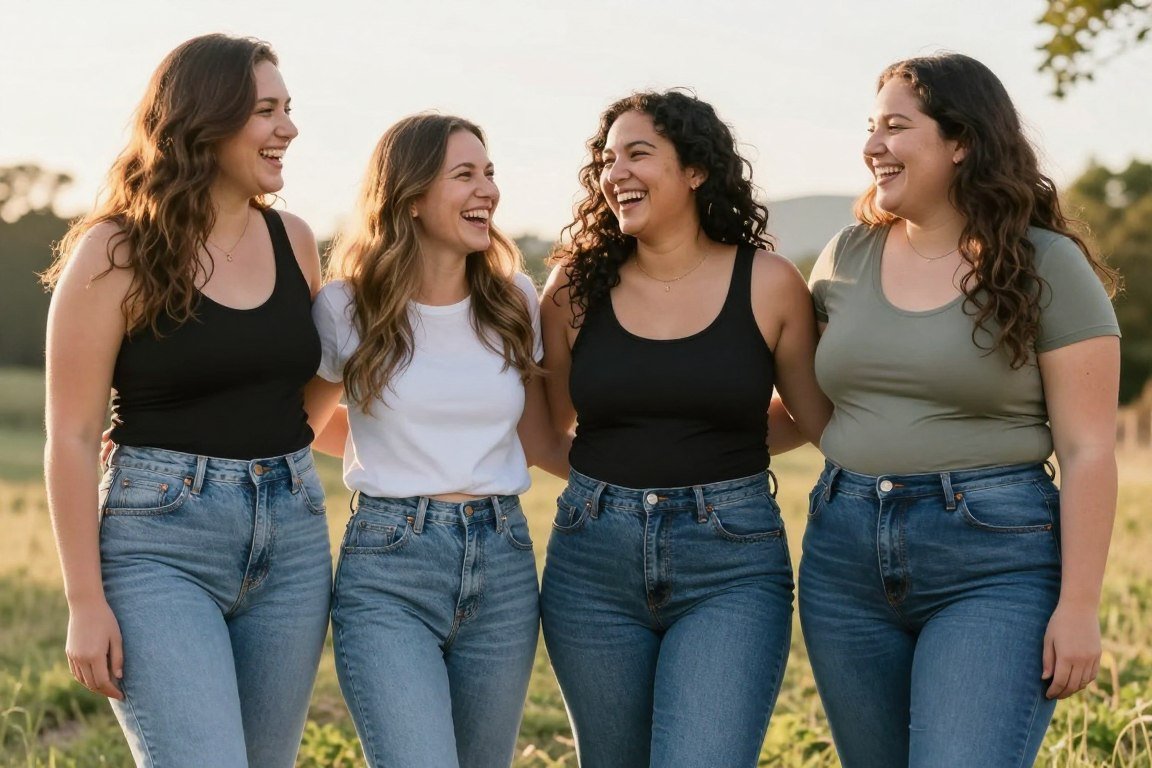 Diverse group of mothers in high-waisted jeans showing body positivity and confidence