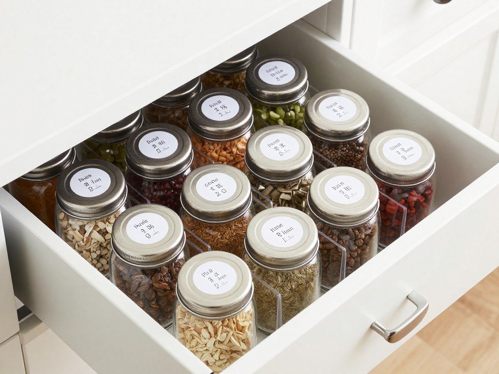 Drawer organizer with spice jars laid flat for easy viewing