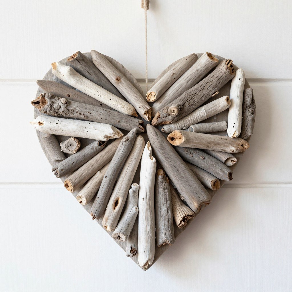 Driftwood heart wall art craft made from small pieces of driftwood arranged in heart shape