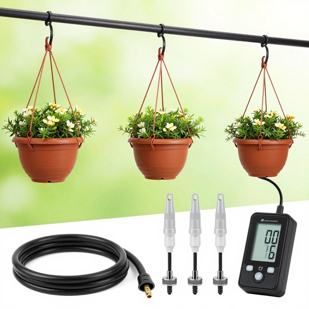 Drip irrigation system kit for hanging baskets with timer