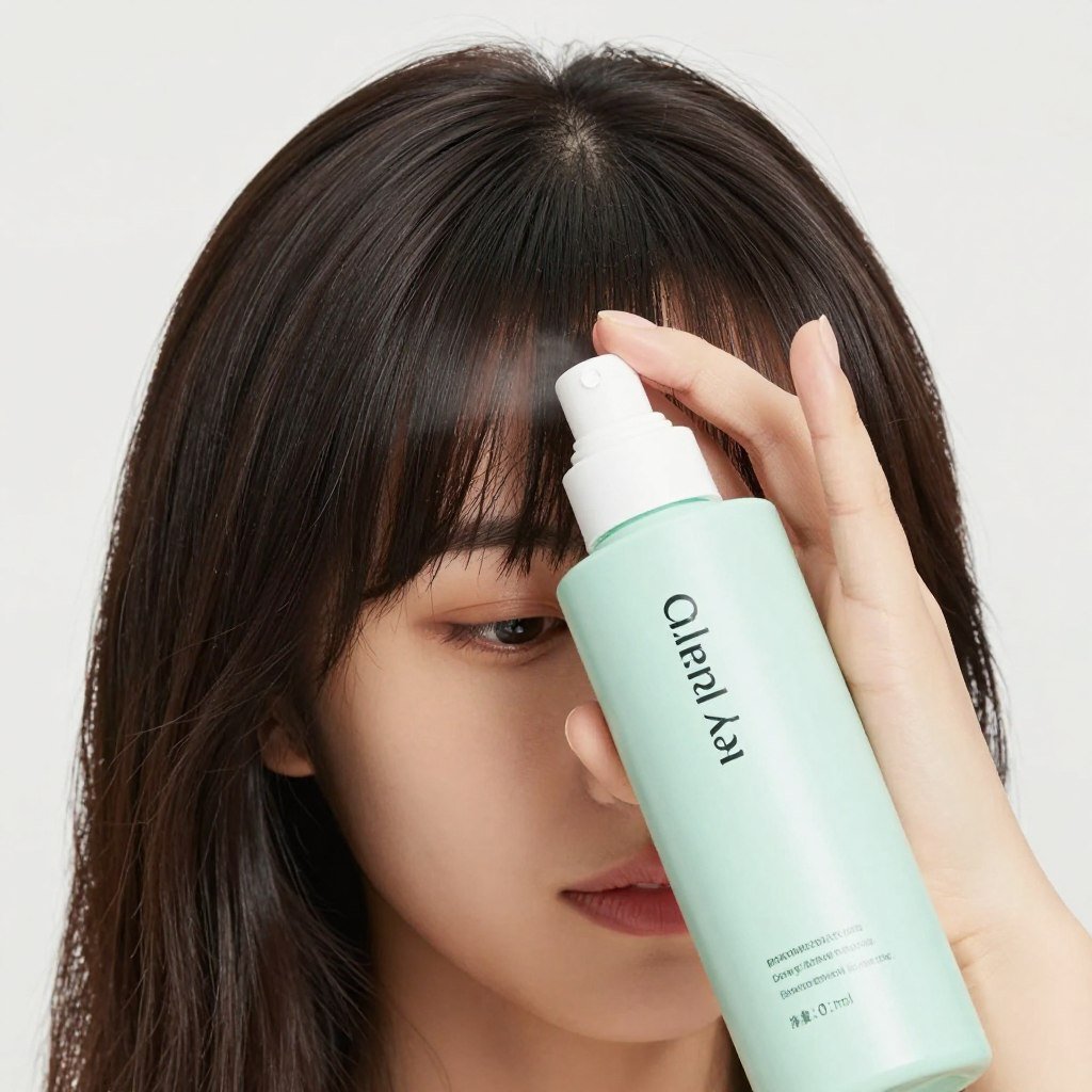 Dry shampoo application on bangs